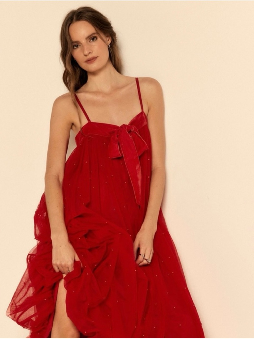 Free people show stopper pearl embellished bow tie bubble hem maxi dress